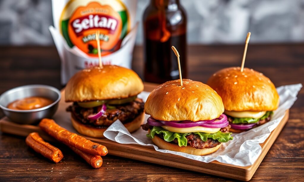 Savor Vegan BBQ sliders: smoky seitan, a plant-based delight.