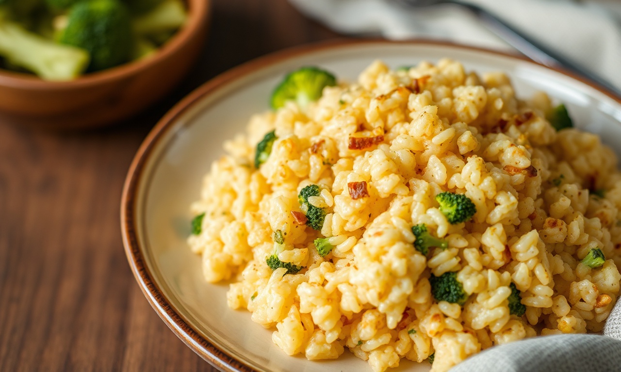 Cheesy rice with broccoli: comforting side dish perfection.