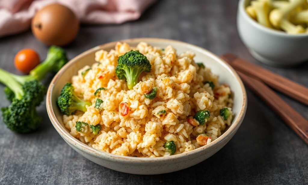 Cheesy rice with broccoli, a comforting and clever dish.