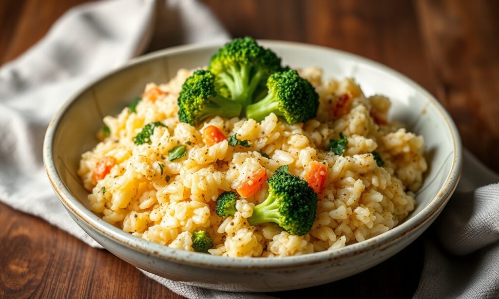 Cheesy rice with broccoli: comforting, creamy, and delicious side dish.