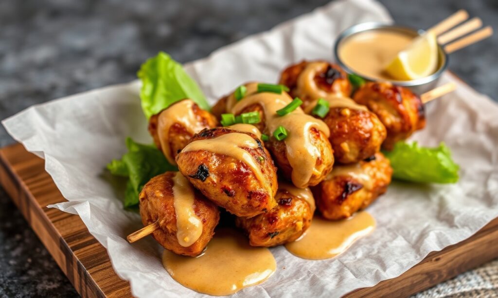 Savor flavors: Grilled chicken satay with creamy peanut sauce adventure.