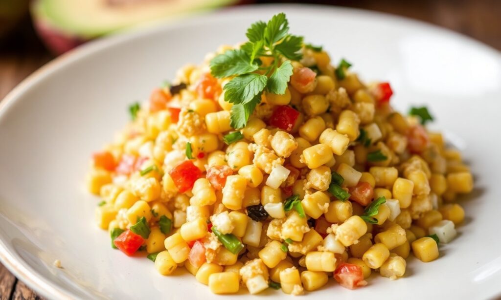 Crunchy Peruvian corn salad: vibrant Andean flavors burst.
