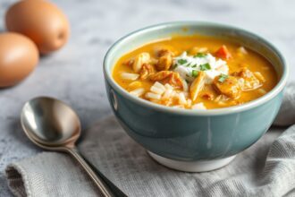 Cozy curried chicken and rice soup, a comforting, flavorful meal.