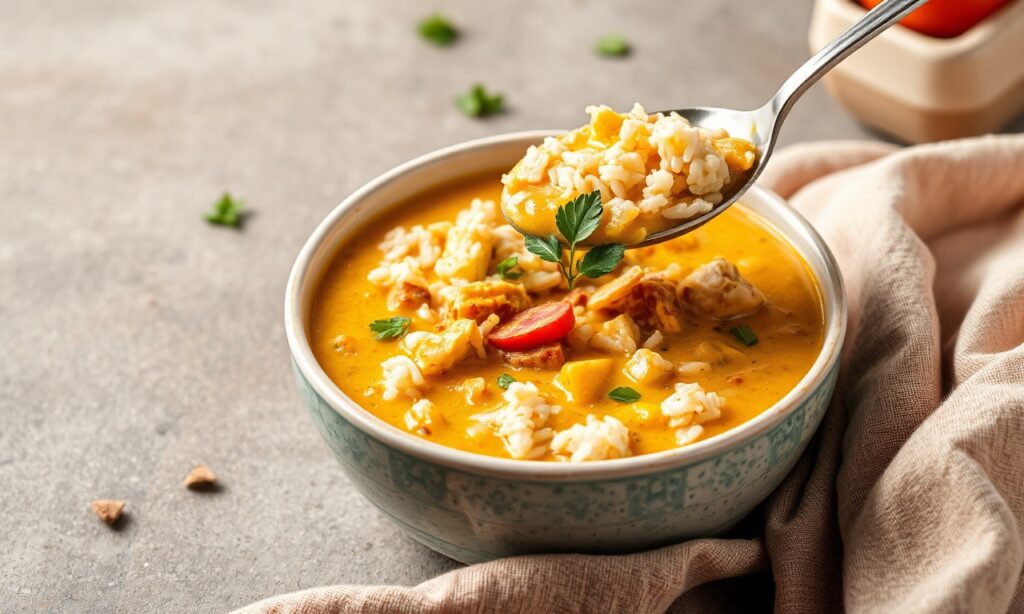 Cozy curried chicken and rice soup, comforting and flavorful bowl.