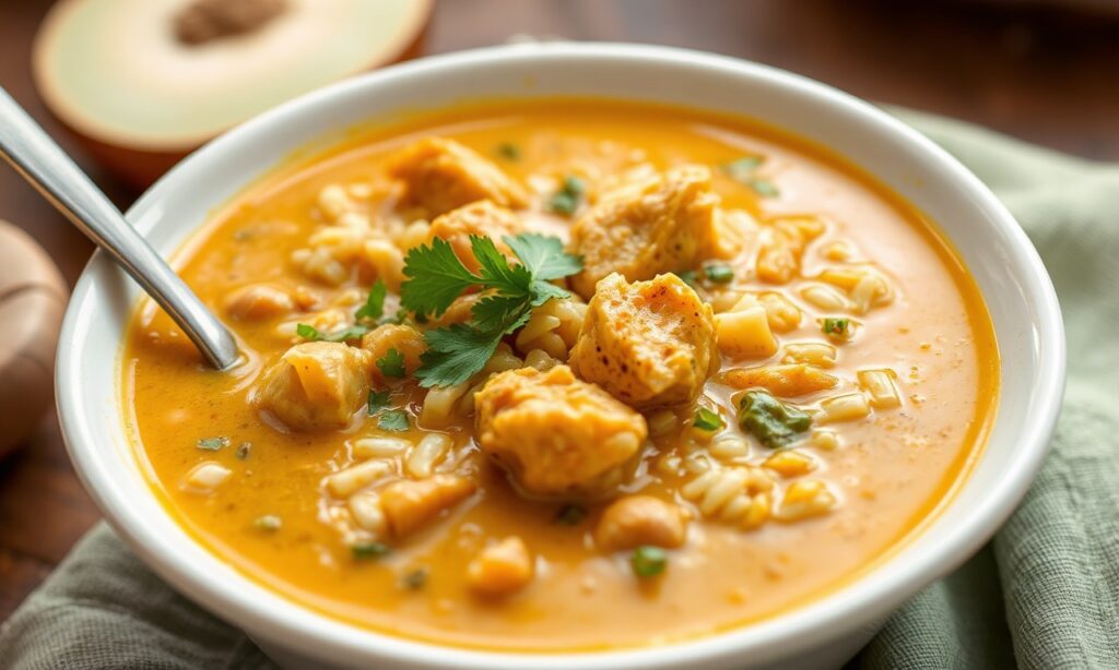 Cozy curried chicken and rice soup, a warming comfort bowl.