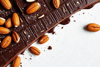 Indulgent dark chocolate almond bark delight for snacking.