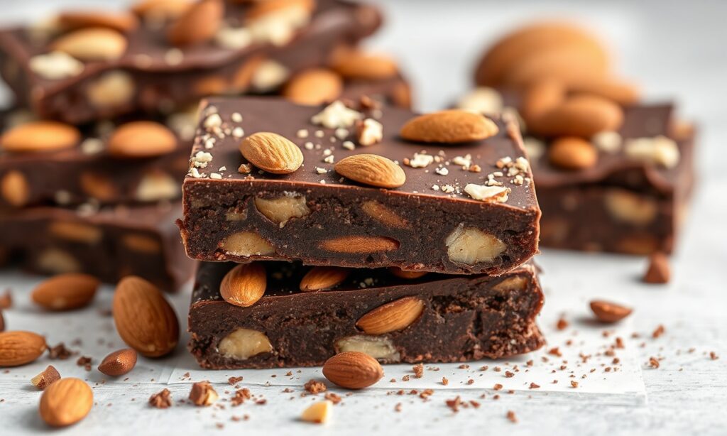 Indulgent dark chocolate bark with crunchy almonds, textured bites.
