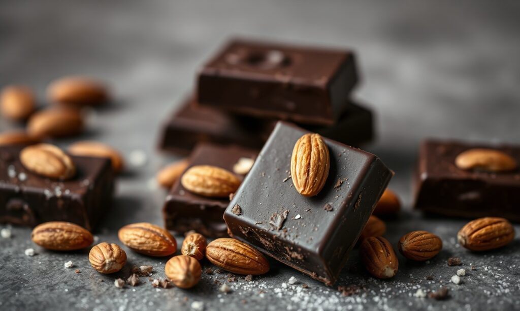 Indulgent dark chocolate bark with crunchy almonds, melting luxuriously.