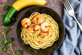Zucchini noodles with zesty shrimp scampi, a light and flavorful dish.