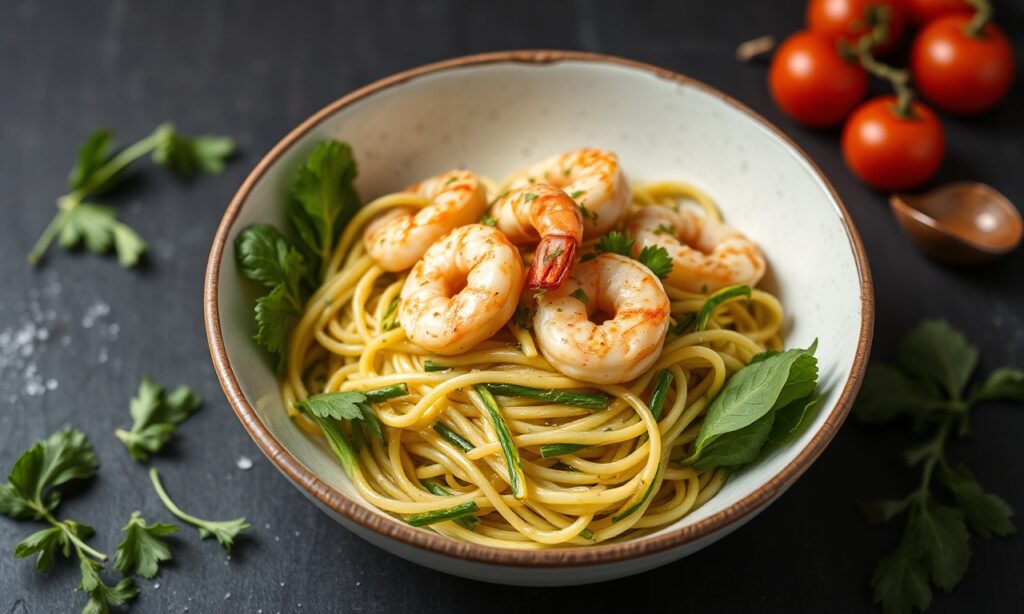 Zucchini noodles with zesty shrimp scampi, beautifully plated.