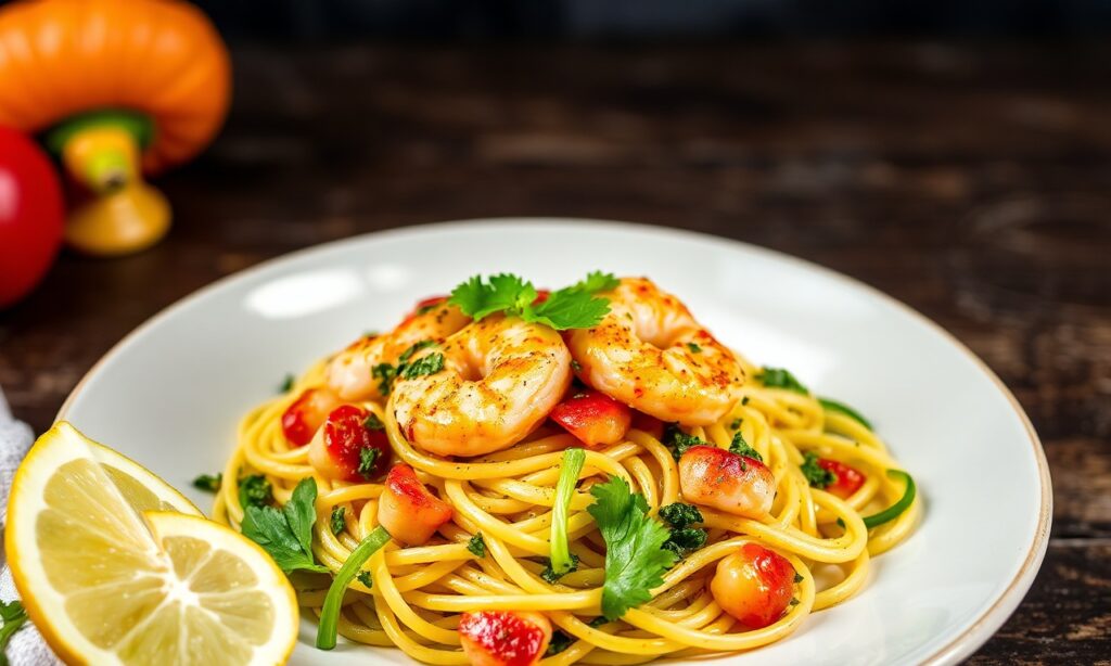 Zucchini noodles with zesty shrimp scampi creation.