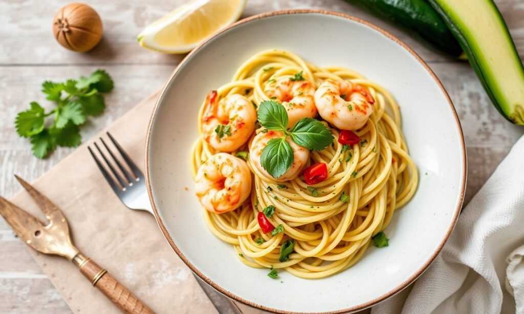 Zucchini noodles with zesty shrimp scampi creation.