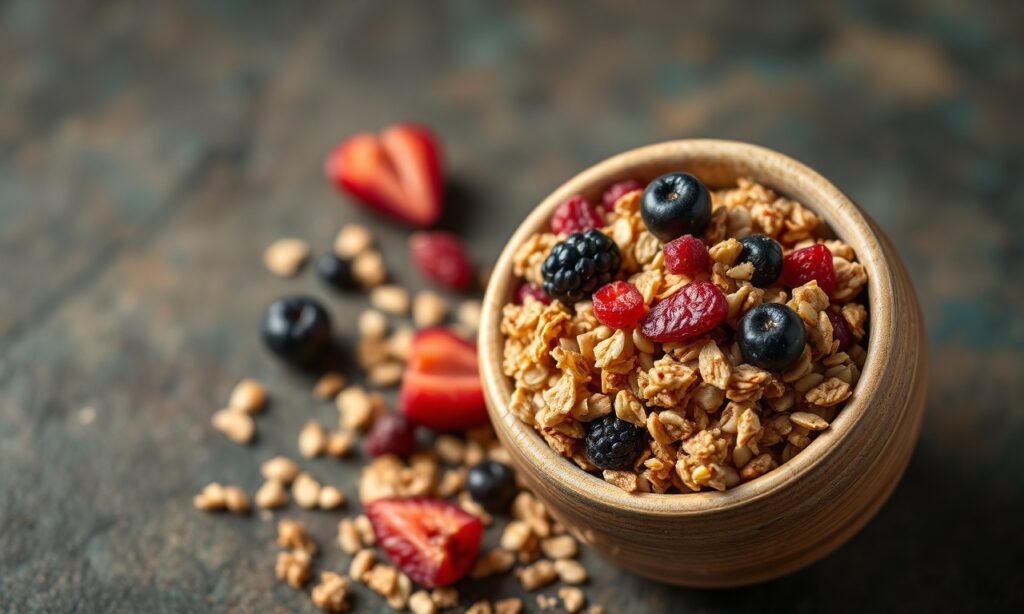 Nourish Naturally: Homemade millet granola with dried fruits, wholesome snack.