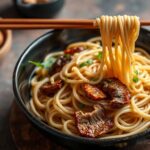 Savory Dan noodles with shiitake mushrooms, a flavorful, spicy dish.