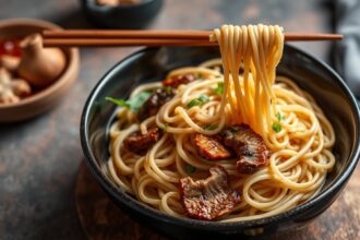 Savory Dan noodles with shiitake mushrooms, a flavorful, spicy dish.